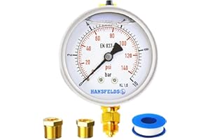 HANSFELDS Bar Acero inoxidable 1/4" BSP 2.5" pulg FACE DIAL Manómetro de presión con llenado de líquido WOG Agua Aceite Gas Montaje inferior Heavy duty (0-10 bar)