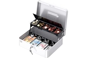 POS VALLEY Boîte à valeurs portable en fer, avec plateau porte-pièces et ressorts en acier ferme billets, serrure de sécurité 30 x 24 x 9 cm (blanc)