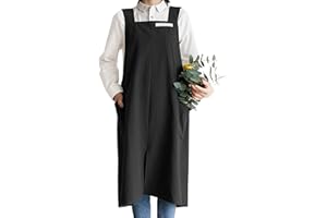 Small snail Apron Cotton Linen Solid Color Japanese Style Cross Bandage Halter Pinafore with Pocket Literature Art Flower Shop Clothing for Women Men Cooking Kitchen Casual Aprons Plus Size Black