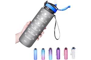 ETDW Borraccia 1 Litro con Cannuccia, [Senza BPA Tritan] 1000ml Motivazionale Borraccia con Marcatori di Tempo, Borraccia Sportiva per Palestra, Campeggio, Yoga, Picnic Grigio