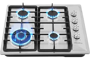 VELPAX Plaque Gaz 4 Feux Inox, Plaque de Cuisson gaz 4 feux Encastrable avec Sécurité Thermocouple, Bouton de Commande Latéral, Convient pour le Gaz Naturel ou Propane