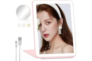 Fudinu LED Makeup Mirror with 3 Color Lighting(1X), Rechargeable Portable USB Vanity Mirror with Small Magnifying Mirror, Tabletop Cosmetic Mirror for Travel, Bathroom, Beauty Needs(Pink)