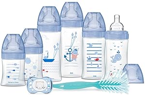 Dodie, Birth Kit, 6 Anticolic Sensation+ Bottles (2 X 150 Ml; 2 X 270 Ml; 2 X 330 Ml), 1 Anatomical Pacifier 0 to 6 Months, 1 Brush Brush, BPA Free, Sea Blue