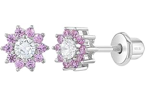 In Season Jewelry Plata Fina 925 Pendientes con Cierre de Rosca en Forma de Flor Rosa con Circonita de Bisel de 6mm para Excelente para Niñas, Niñas Pequeñas y Preadolescentes