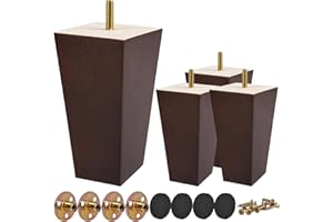 TCHOSUZ 6 inch / 15cm Wooden Furniture Legs, Pack of 4 Mid Century Modern Solid Wood Walnut Pyramid Square DIY Replacement Feet with M8 Hanger Bolts & T-Nuts for Sofa Couch Armchair Bed Riser
