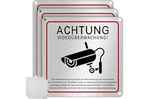 UXOIEPIO 3er Set Schild Videoüberwachung Privatgrundstück 15 x 15 cm aus Aluminium mit Klebeband - Hinweisschild Videoüberwachung inkl. DSGVO Hinweis, selbstklebend & vorgebohrt
