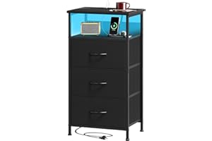 Somdot 3 Drawers Chest of Drawers for Bedroom with Charging Station and LED Light, Bedside Table with 2 Outlets and 2 USB Ports, Bed Side Table Cabinet for Dorm Kids Room Closet, Black