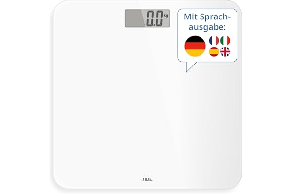 ADE Pèse-personne parlant Gina | Fonction vocale et annonce du poids jusqu'à 250 kg | 5 langues | Pèse-personne numérique en verre de sécurité