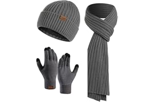 YULOONG Gorro de invierno, bufanda y guantes de conducción para pantalla táctil, para hombres y mujeres, tejido acanalado 3 en 1, color gris