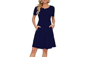 AUSELILY Damen Kurzarm Plissee Loose Swing Freizeitkleid mit knielangen Taschen