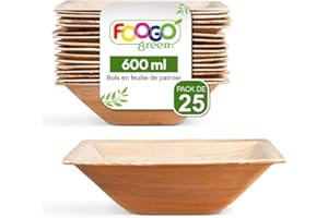 FOOGO Green 25pcs Bols Jetables en Feuille de Palmier, 16.5cm, 600ml, pour Desserts & Salade, Carré, Écologique Biodégradable Compostable, Comme Bols Bois, Bambou et Papier, Fête