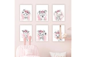YOUIHOM 6 Lienzos Animales Bebe Elefante Cebra Leopardo Leon Jirafa Coala Flores Rosas Acuarela Cuadro Pared Decoracion Poster a4 Laminas Habitacion Infantil Niños Niña Regalo sin Marco