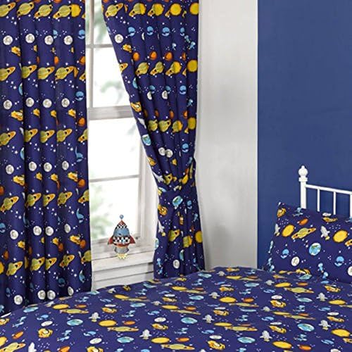 CHILDRENS CURTAINS ONE PAIR OF SPACEMAN ROCKETS PLANETS BLUE PRINT CURTAINS 66"X72" (168CM X 183CM) APPROX BOYS BEDROOM CURTAINS UNLINED WITH PENCIL PLEAT TOP / TIEBACKS INCLUDED