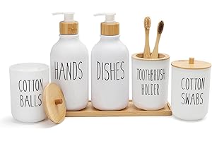 FEILANDUO Bathroom Accessories Set, 6 Pcs Plastic Bathroom Accessory Sets with Vanity Tray, Soap Dispenser, Toothbrush Holder Set,Qtip & Cotton Ball Holder with Bamboo Lids,Boho,Modern Bathroom Decor