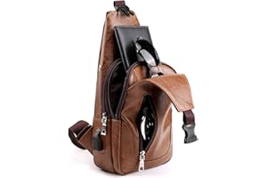 VOHONEY Sac de Poitrine Homme Sacoche à Bandoulière Sacs a Dos Porté épaule Travers Sac Rétro en PU Cuir Étanche Bandoulière avec USB Ports (Homme Sac de Poitrine Brown 3)