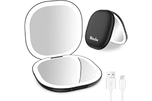 wobsion Miroir de Poche de Voyage avec Lumière, Miroir Grossissant Compact Rechargeable 1x/10x, Miroir Réglable à Gradation, Miroir Portatif à 2 Faces avec Lumière, Portable pour Sac à Main, Noir