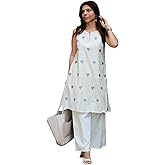 ANNI Designer Women Cotton Blend Straight Fit Embroidered Kurta Palazzo Set | Sleeveless Round Split Neck Outfit | Soft Breat