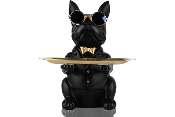 Statue de Plateau de Rangement de Table de Bouledogue Noir en résine, Tirelire de Sculpture de Bouledogue, clés, Bonbons, Plateau de Rangement de Petits Objets pour la décoration intérieure
