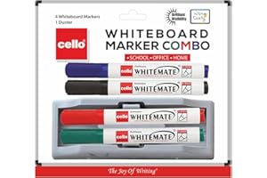 Cello Whitemate Whiteboard Markers | Set of 4 Markers and 1 Duster | 4 Assorted Ink Colours | Marker Pens with Easily Refilla