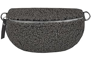ITALYSHOP24 Made in Italy Damen Leder Gürteltasche Crossbody Teddyfell Bauchtasche Hüfttasche Kunstfell Umhängetasche Brusttasche Crossover Bodybag Schultertasche Handytasche Teddy Pelz Fell Plüsch Dunkelgrau