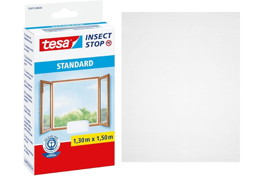 tesa Insect Stop Malla Mosquitera STANDARD para Ventanas, Mosquitera Autoadhesiva, Recortable al Tamaño Deseado, Blanca, 130 