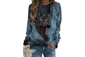 Onsoyours Women Cat Print Pullover Casual Sweatshirts Long Sleeve Round Neck Loose T Shirts Jumper Blouse Tunic Tops