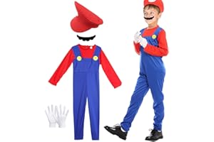 CAPANEUS Costume de Plombier Super Brothers, Déguisements Classique de Super Bros avec Combinaison Chapeau Fausse Moustache Gants, Costume de Carnaval Classique Halloween Cosplay