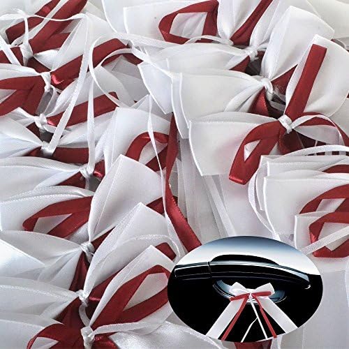 Yulakes 30pcs White & bordeaux Car Loops of Satin Wedding Antenna Grinding Decoration for Wedding, Wedding Decoration, White Carschmuck Car Loops