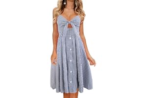 FANCYINN Donne Vestito Spaghetti Strap Scollo a V Botton Down Legare Davanti Abito Midi