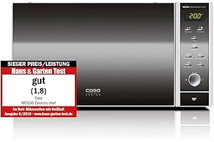 CASO Micro-ondes MCG30 Ceramic Chef 3 en 1 avec grill + air chaud 2100W 30L, base en verre borosilicaté, grille pour 2 niveaux, fonction four jusqu'à 200°C, acier inoxydable, argent