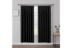 Joydeco Black Pencil Pleat Blackout Curtains 96 Inch Drop, Thermal Insulated Soft Window Treatment for Living Room Bedroom, Rod Pocket Ring Top Track Rail, 55 x 96 Inch - 2 Panels