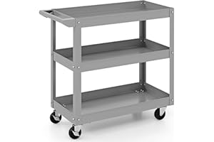 COSTWAY 3 Tiers Tool Trolley, Heavy Duty Service Cart with Handle and Lockable Wheels, Rolling Workshop DIY Storage Trolley for Garage Restaurant Kitchen (1 Flat Handle, Grey)