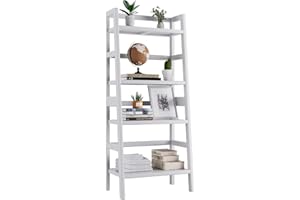 HITNET White Ladder Bookshelf, Leaning Bookcase, 4-Tier Bamboo Shelf, Floor Standing Storage Shelving Unit, Open Display Book Shelves
