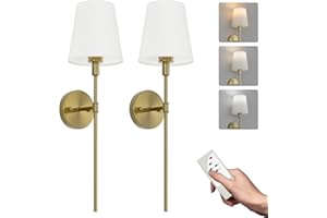 Aipsun 2 SZTUK 5500mAh Bateria Lampa ścienna z Białym Kloszem Tkaniny, Możliwość przyciemniania, Bezprzewodowa Kinkiet Wewnętrzny Z Pilotem, Do Sypialni, Łazienki(Złoty)