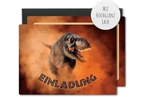 GENERISCH 12x EINLADUNGSKARTEN + passende Umschläge für Jungen Kindergeburtstag und Feier – coole Karten für Dinosaurier Fans – Diese Karten sind die perfekte Einladung zur nächsten Party, Orange, Schwarz