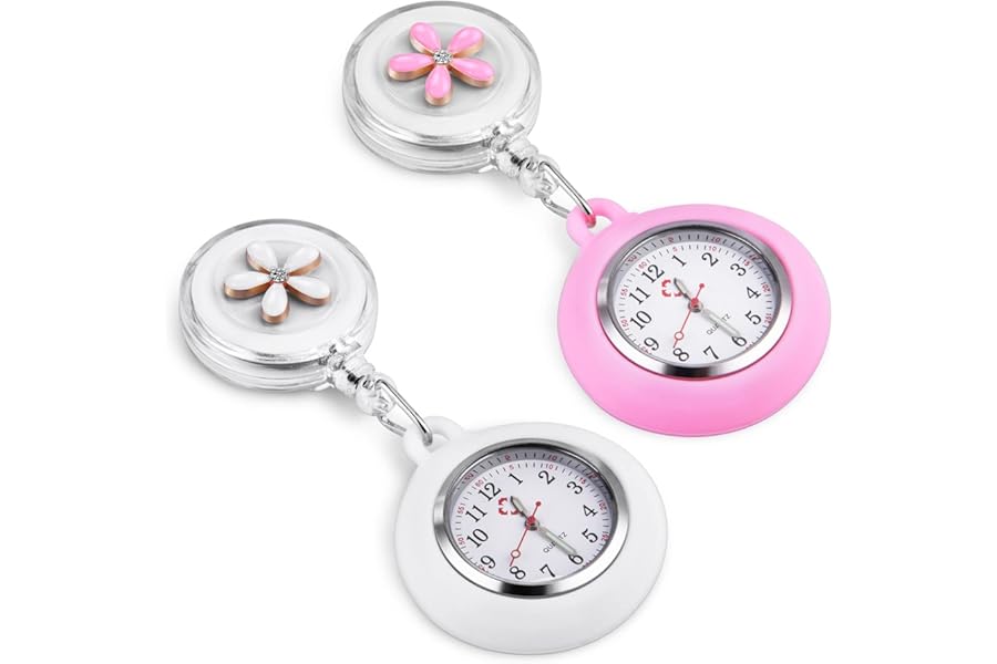 Vicloon Retractable Nurse Watch, Clip-on Hanging Nurse Fob Watch, Luminous Lapel Watches with Cute Flower Pattern and Silicone Cover for Doctors, Paramedics, Nurses