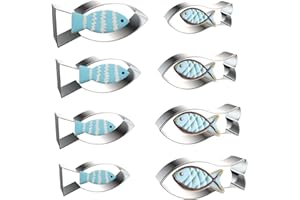 PTaizjjz Set di 8 formine per biscotti a forma di pesce, in acciaio inox, a forma di pesce Gesù (4 pezzi a coda piatta + 4 pesci a coda di forcella)