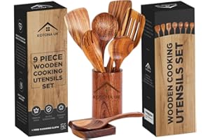 KOTONA UK Wooden Teak Cooking Utensils, Set of 9. Kitchen Utensils Set with Holder & Spoon, Spatula and Cleaning Cloth