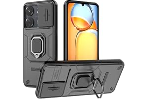 GOKEN Funda para Xiaomi Redmi 13C / Poco C65, Armor Carcasa de Silicona Suave y PC Rígido Antigolpes con Anillo Rotativo 360° y Cover Protector Deslizable para Lente, Case -Negro