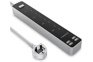 PIBEEX Extension Lead with USB, 13A Power Strip 4 Way Outlets 4 USB 5V 3.4A Child Safety Protection 1.6M Extension cord Power Adapter UK Socket for Home Office