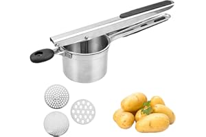 WakiHong Schiacciapatate Acciaio Inox con 3 Dischi Intercambiabili, Schiaccia Patate Mano con Maniglia In Silicone per Purè di Patate, Purè di Verdure, Succhi di Frutta