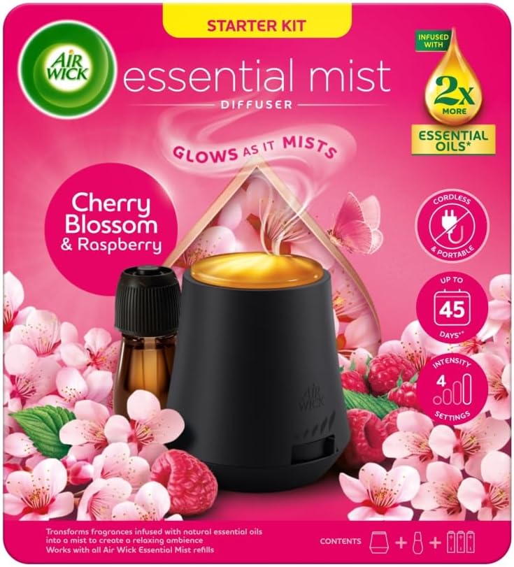 Air Wick Cherry Blossom & Raspberry Essential Mist Kit 20ml, Lasting for up to 45 days per refill, Air Freshener