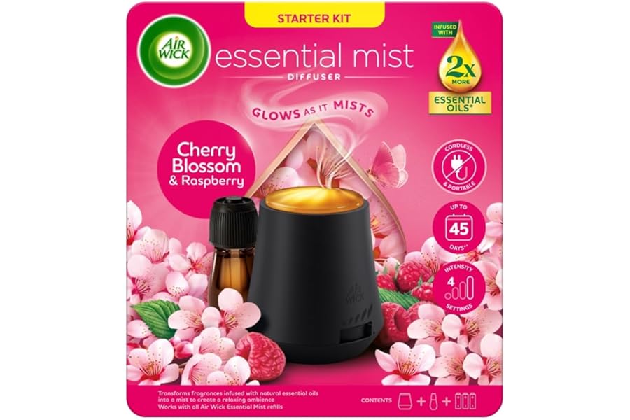 Air Wick Cherry Blossom & Raspberry Essential Mist Kit 20ml, Lasting for up to 45 days per refill, Air Freshener