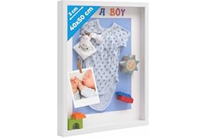 PHOTOLINI 3D cornice 40x50 cm bianco, profonda con vetro e passe-partout, cornice per oggetti fino a 3 cm di profondità, legno MDF - perfetta per il fai da te e come regalo