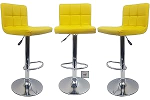 MILLIES DESIGN Set of 3 matching MODENA Bar Stools Set with Backrest, Leatherette Exterior, Adjustable Swivel Gas Lift, Chrome Footrest and Base for Breakfast Bar, PACK OF 3 ! (YELLOW)