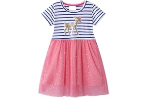 JinBei Vestido para Niñas Algodon Casual Manga Corta/Sin Mangas T-Shirt Vestidos Verano Bordado Animal Vestido para Niña 2-7 Años