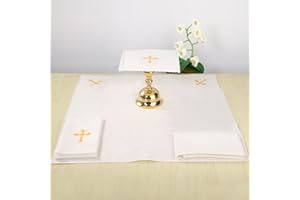 TALPGOD 4 Pcs Altar Supplies Linen Corporal for Churches Set(Pall,Corporal,Purificator,Towel),White Linen Altar Cloth Gold Cross Embroidery,Mass Kit Catholic for Priest