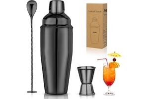 MAWISEK Cocktail Shaker Set 750ml Cocktailshaker Martini Shaker mit eingebautem Sieb - Professionelles Edelstahl Barkeeper Set inkl Messbecher, Bar-Löffel - Für Martini, Margarita & Mixgetränke, Schwarz