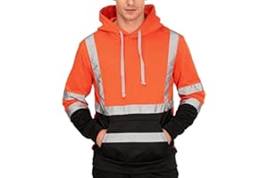 Youkly Mens Hi Vis Hoodie Work Wear Pullover Jacket Safety Reflective Tape High Sweatshirt Hoodie High Visibility Hooded Top Orange High Vis Hoodies for Men