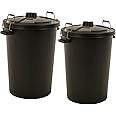 2 PACK - LARGE BLACK GARDEN DUSTBIN- 90L REFUSAL HEAVY DUTY PLASTIC WASTE BIN WITH CLIP LID